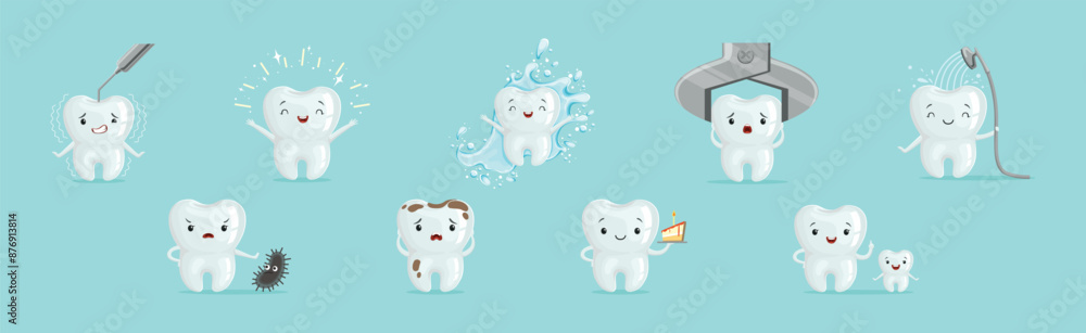 Poster funny tooth character with cute face vector set