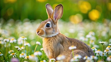 Sweet light brown rabbit in a field of flowers, rabbit, cute, happy, joyful, fluffy, nature, wildlife, spring, field, floral, meadow