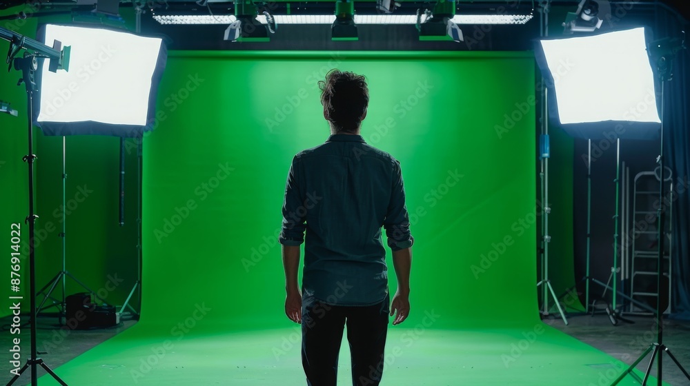 Poster a man stands in front of a green screen, illuminated by studio lights.