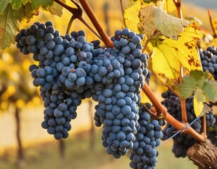 Obraz premium Close-up of a magnificent bunch of ripe black grapes with the berries covered in bloom to be harvested. 