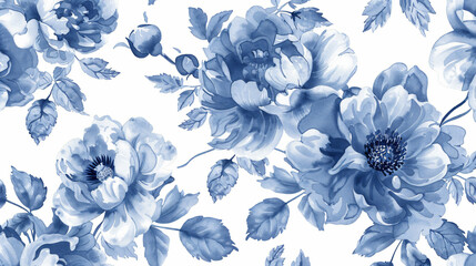 Blue and white floral pattern with roses, peonies, anemones and leaves on vintage background. Vintage style wallpaper for wall or textile design.


