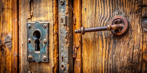 Fototapeta premium Closeup of an old rustic keyhole with key on wooden antique door, antique, vintage, keyhole, key, closeup, wooden, door