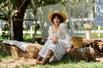 A young woman in a white dress and straw hat sits on hay bales in a summer garden, surrounded by nature and rustic charm.