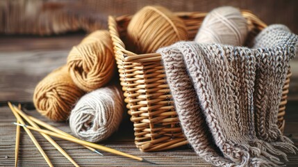 A wicker basket packed with assorted yarn balls and a partially completed knitted scarf, positioned on a wooden table, evoking a sense of traditional handicrafts.