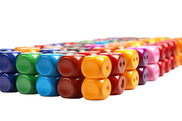 A Spectrum of Colorful Dice Arranged in a Row on a White Background on a White or Clear Surface PNG Transparent Background