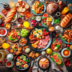 Full table of delicious European foods and drinks from top view, Happy dining time, buffet food dishes background