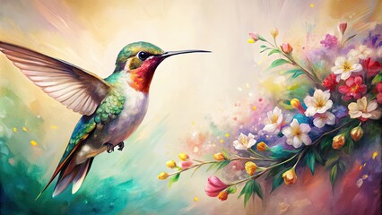 Naklejka premium Close-up abstract painting of a little bird hummingbird with flowers on a light background, Hummingbird, bird