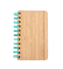 Spiral notepad isolated on white transparent. Wooden cover notebook top view