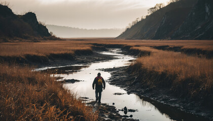 Marsh Unknowns in Cloudy Winter: The Adventurer's Journey Immersed in Landslide