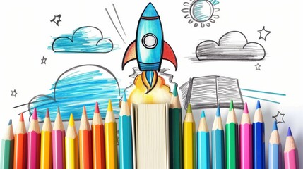 Colorful pencils arranged in a row with a hand-drawn rocket, clouds, sun, and stars on a white background, symbolizing creativity and education.