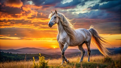 Majestic Arab horse stands alone, mane flowing, in front of breathtaking orange-hued sunset with rustic terrain and vast open space.