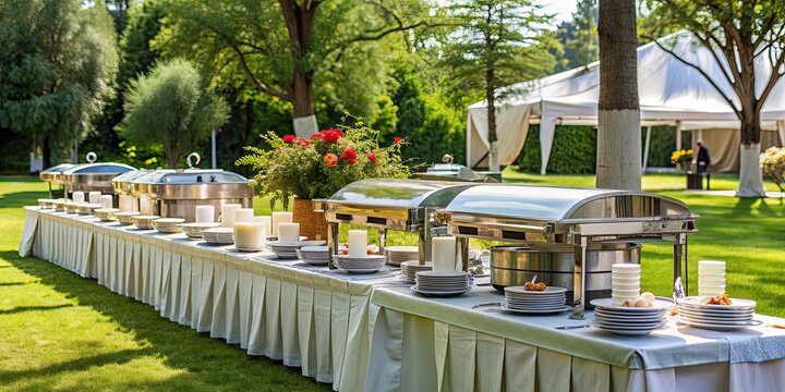 Catering setup outdoors at a special event , catering, outdoor, event, tables, food, buffet, celebration, party, dining