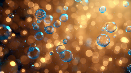 Blue transparent bubbles in golden abstract background