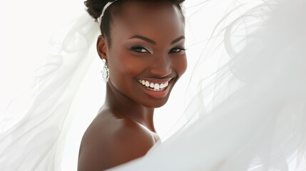 A beautiful bride in a white veil smiles brightly at the camera