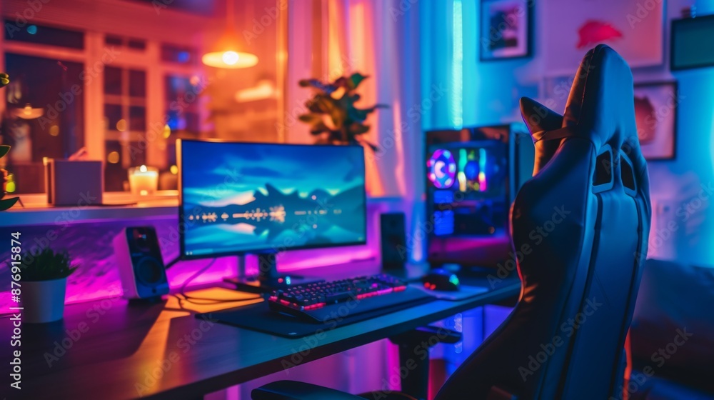 Poster a gaming setup with a computer monitor, keyboard, mouse, and a gaming chair, all lit up with colorfu