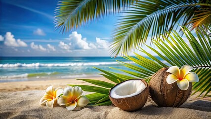 Obraz premium Coconuts with frangipani on a sandy beach near the sea and palm trees, symbolizing island holidays and travel, tropical