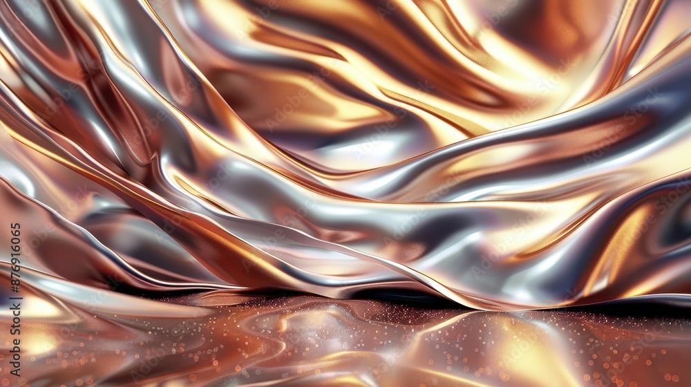 Poster an interplay of shiny golden and silver waves in a smooth and fluid motion creating a visually stunn