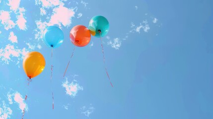 Obraz premium Vibrant balloons in various colors float against a clear blue sky with light, fluffy clouds, creating an uplifting and cheerful scene reminiscent of celebrations and joy.