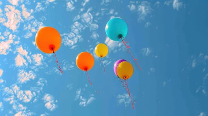 Obraz premium A group of vibrant orange, yellow, purple, and turquoise balloons joyfully float against a backdrop of blue sky with wispy clouds, evoking a sense of freedom and celebration.