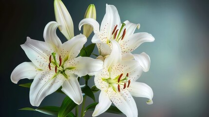 This vibrant and elegant image showcases a close-up view of beautiful, fresh white lilies with green leaves, reflecting nature's purity and simplicity in full bloom.