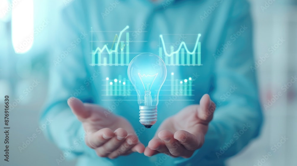 Aufkleber hands presenting lightbulb with data charts representing business growth and innovative solutions in