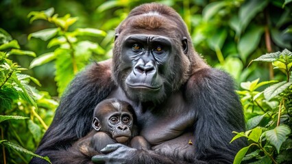 Obraz premium Gentle giant western lowland gorilla mother tenderly holds and gazes at her adorable twin babies in a lush jungle clearing surroundings.