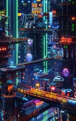 Fototapeta premium A futuristic cityscape with neon lights and intricate structures. The city is illuminated by a variety of colorful lights, creating a vibrant and dynamic atmosphere.