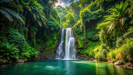 Invigorating tropical waterfall surrounded by lush greenery , nature, waterfall, tropical, invigorating, lush