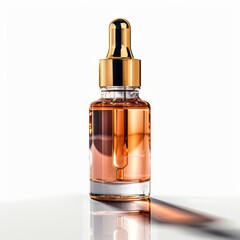 Naklejka premium A glass bottle with a gold dropper top filled with a clear amber liquid. The bottle is on a white reflective surface.
