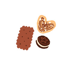 Cute homemade cookies. Bakery snacks, desserts with biscuit or puff pastry. Flour food for breakfast. Elephant ears, palmiers. Flat isolated hand drawn vector illustration on white background