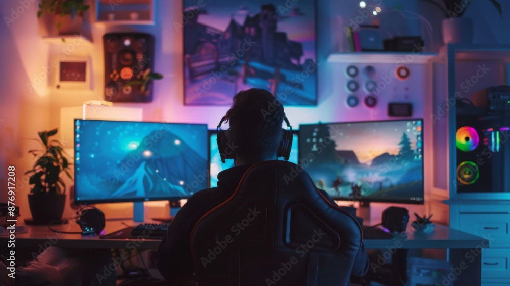 Poster a gamer sits in front of multiple monitors, facing a lit computer desk, with vibrant colors illumina