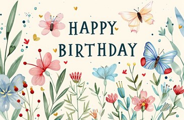 birthday party invitation. watercolor, simple cute flat art cartoon clipart of the word "HAPPY BIRTHDAY" in colorful letters with wildflowers and butterflies on a white background