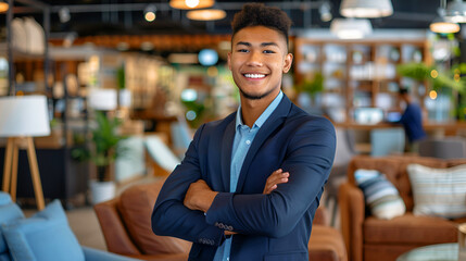 Fototapeta premium Friendly Hispanic salesman showcasing latest furniture collections. Business, customer service concept.