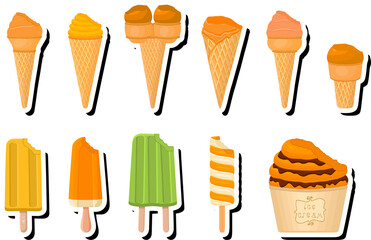 Illustration on theme big kit ice cream popsicle different types in cone waffle cup