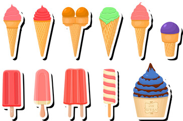 Illustration on theme big kit ice cream popsicle different types in cone waffle cup
