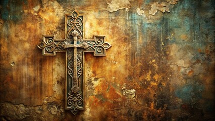 A dramatic abstract background featuring a large, ornate cross mounted on a distressed wall with faded colors and textures.