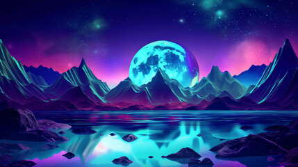 Futuristic landscape featuring sharp mountains, a large glowing moon, and a reflective body of water under a starry sky with vibrant colors.