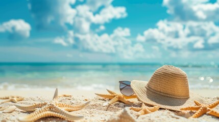 shell on the beach and beach hat and glass in the beach blue sky