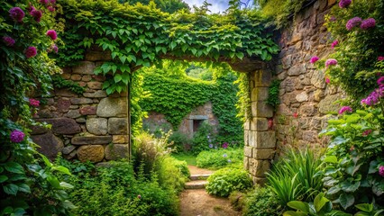 Lush, overgrown secret garden behind a stone wall, hidden, magical, mysterious, enchanting, secluded, nature, greenery