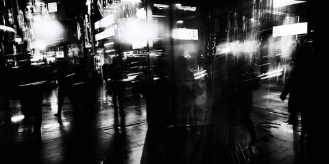 Blurred Pedestrians in City at Night with Bright Lights