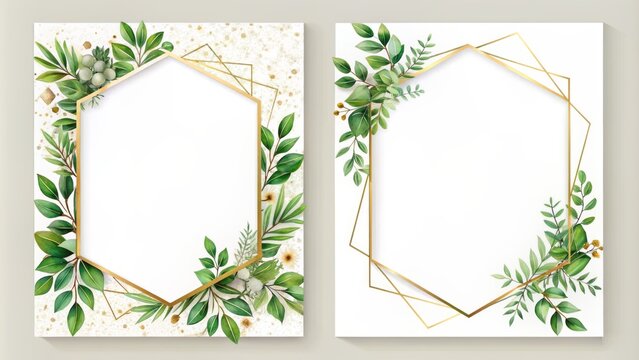 Elegant assortment of luxurious wedding invitation card templates featuring intricate golden geometric frames adorned with lush greenery and delicate leaves.