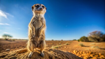 Amused meerkat stands upright on hind legs, tail twitching, whiskers twitching, surrounded by vast desert landscape with clear blue sky.