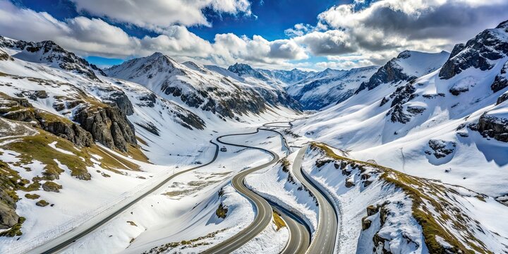 Aerial view of snowy Julier Pass road in Swiss Alps, Switzerland, Julier Pass, aerial view, winter, snow, Canton Grison