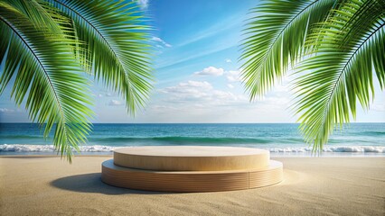 Empty podium on beach with palm leaf decoration overlooking ocean, product presentation, seascape,stock photo, tropical