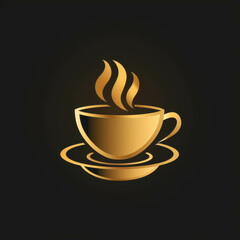 Obraz premium Elegant gold coffee cup with steam icon on a black background, ideal for luxury café branding and marketing. 