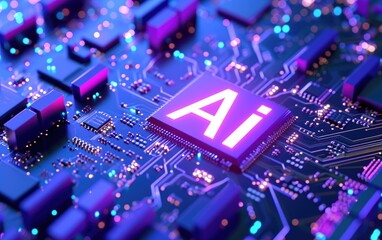 Fototapeta premium Advanced AI Microchip on a Futuristic Circuit Board with Purple and Blue Glowing Light