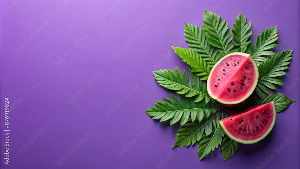 Sticker purple background with a watermelon and leaves, watermelon, leaves, purple, background, fruit, vibra