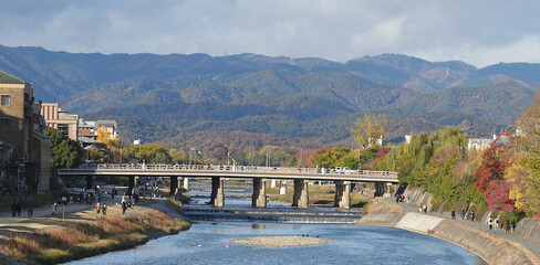 Naklejka premium Kamo river view with Morning light, beautiful landmark in Kyoto of Japan.