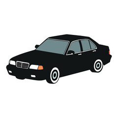 Illustration of a black sedan car on a white background. Concept of transportation. Vector illustration