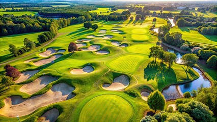 Aerial view of a golf course with perfectly manicured greens and strategically placed sand bunkers